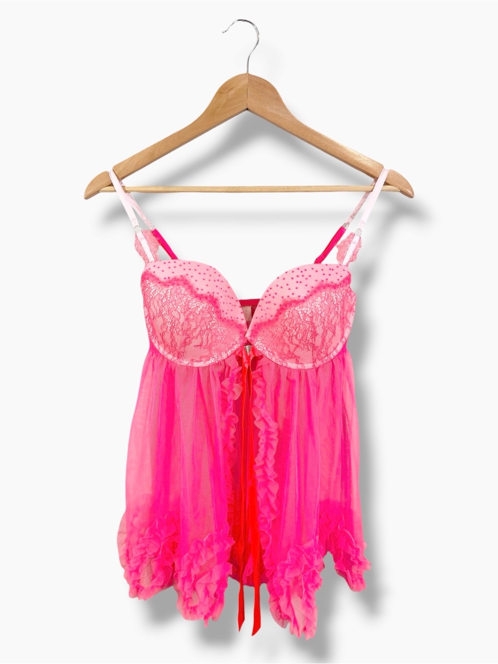 Victoria’s Secret Pink Babydoll Chemise 36D Push Up Underwired Ruffle Tie Front